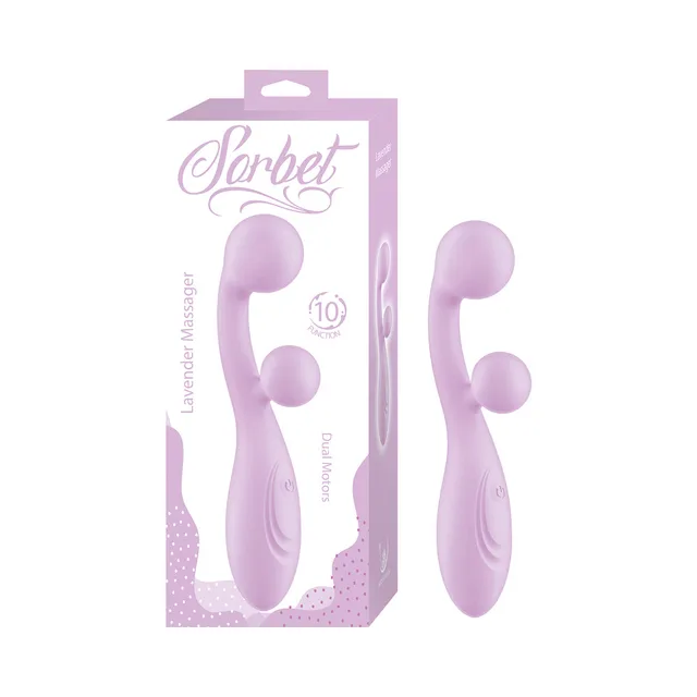 Nasstoys Sorbet lavender dual-head curved massager beside the lavender retail box