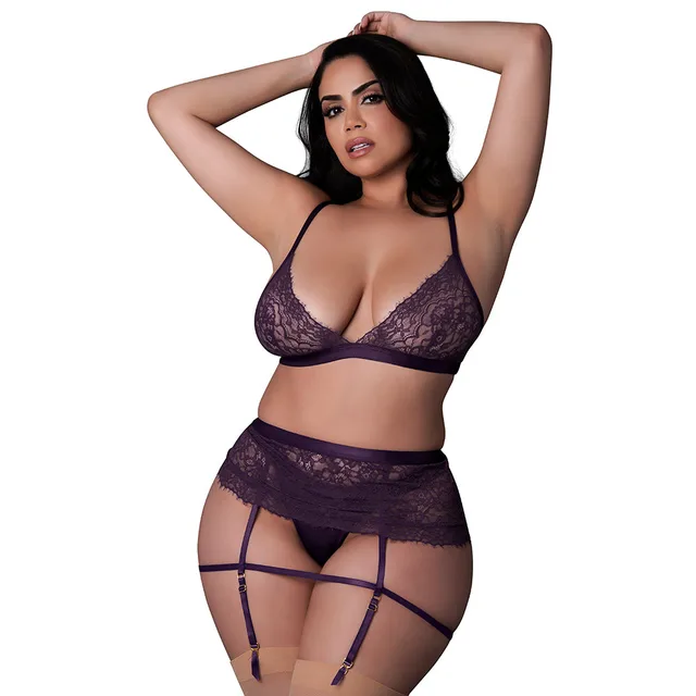 plum Magic Silk lace bralette, garter skirt and thong set in Queen Size
