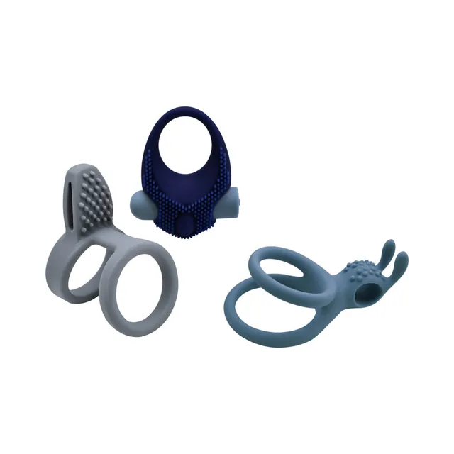 Gray double ring, navy textured ring and blue rabbit ring grouped together