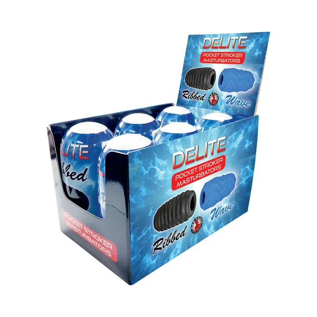 Front-right view of six-piece Delite pocket stroker countertop display