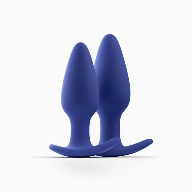 two blue Biird Regii anal plugs in graduated sizes with curved flared bases