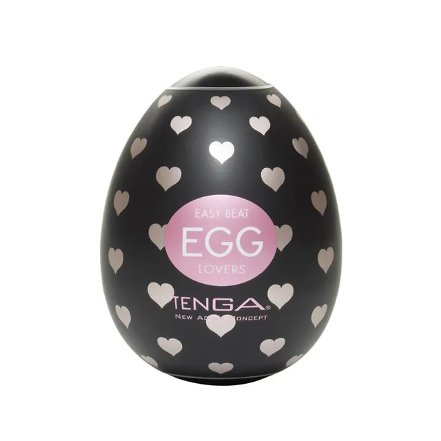 Tenga Egg Lovers black shell glossy egg shape with white and pale-pink hearts and pink oval label