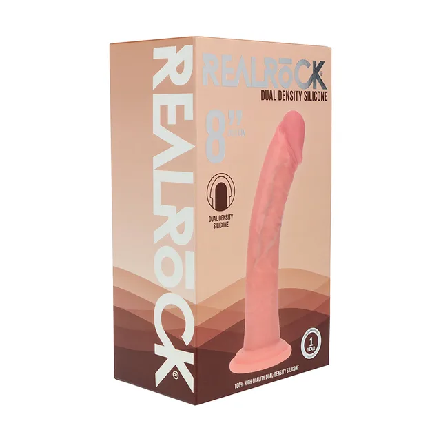 Shots Realrock 8-inch beige curved dual-density dildo displayed in its brown retail box