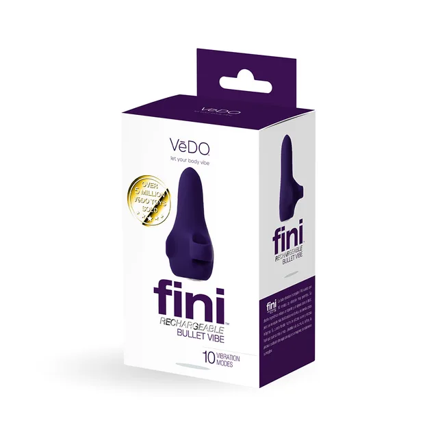 purple VeDO Fini rechargeable finger bullet in white and purple box