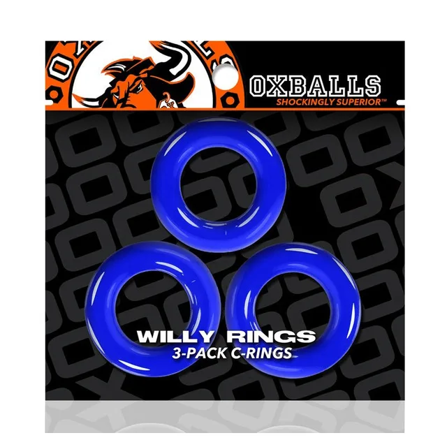 Three police blue Oxballs Willy Rings in black retail packaging