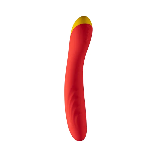 Angled red ROMP Hype vibrator with rounded yellow tip