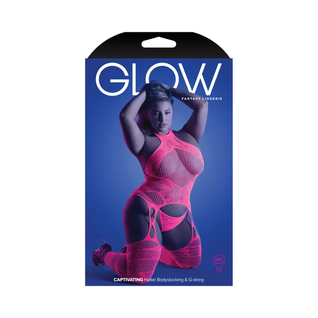 Fantasy Glow Queen retail box with neon-pink halter bodystocking set