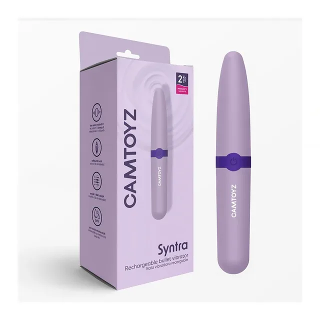 Camtoyz Syntra light-purple rechargeable bullet vibrator beside retail box