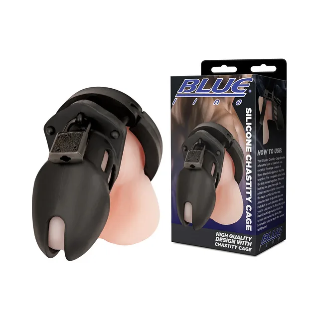 Blue Line black silicone chastity cage with retail box