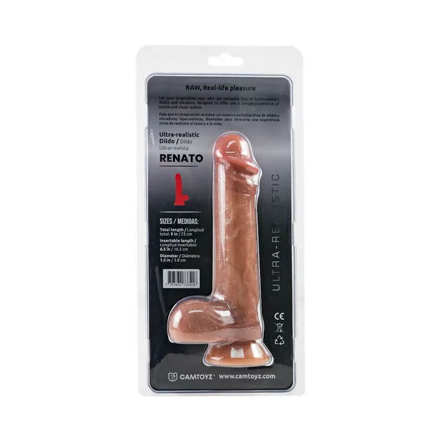 Camtoyz Renato brown realistic dildo rear of clear blister packaging