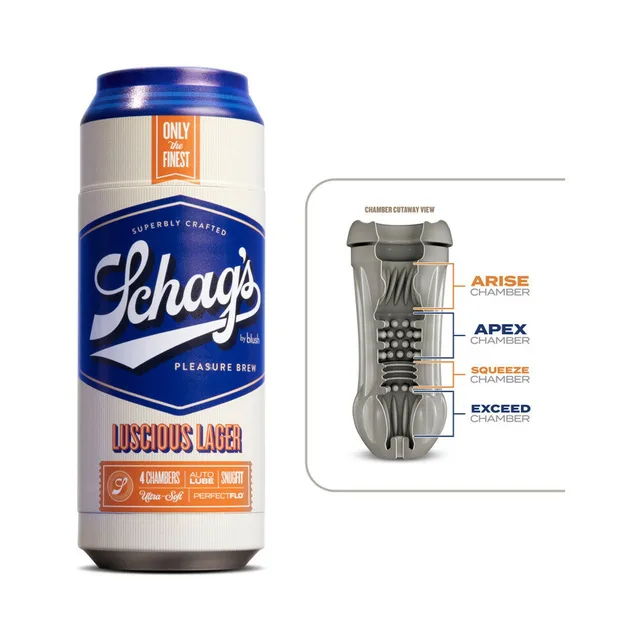 Luscious Lager stroker beside its silver-and-navy container