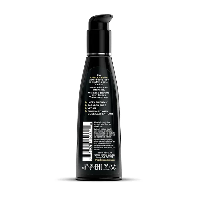 Wicked Aqua Vanilla Bean 4 oz rear bottle view with ingredients and barcode label