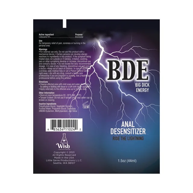 Back panel of BDE cream packaging with purple lightning artwork