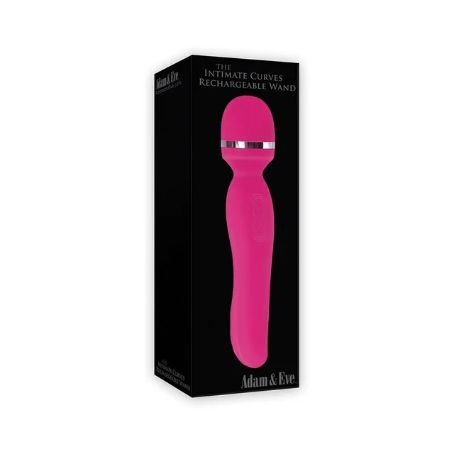 Adam & Eve Intimate Curves pink rechargeable wand upright inside black retail box