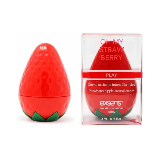 closed red strawberry-shaped Exsens cream jar beside clear retail box
