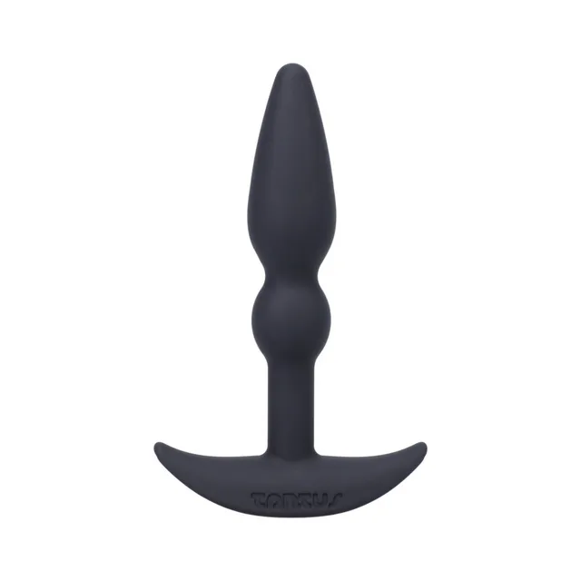 Front view of small black Tantus Perfect Plug with anchor base