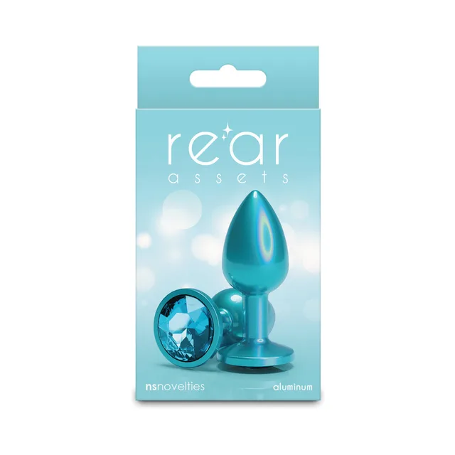Small teal Rear Assets aluminum plug with matching jewel base on box