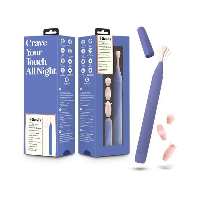 Purple Blush Juno wand with three attachments and blue box
