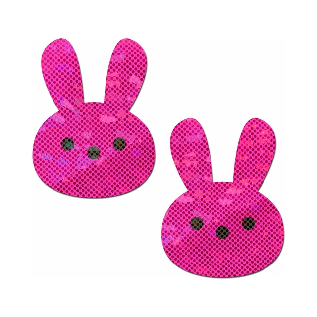 pair of hot pink glitter bunny nipple pasties with long ears and black dot faces