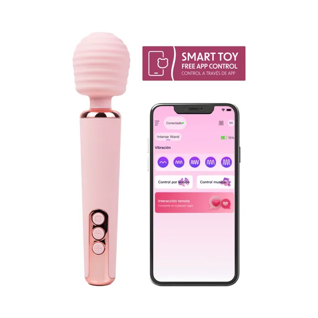 Camtoyz Pro light-pink wand vibrator next to a phone displaying the control app