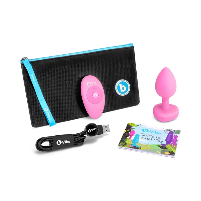 Pink b-Vibe Heart plug kit with pouch remote and cable