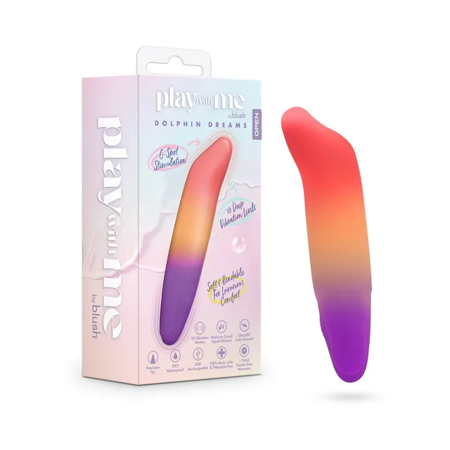 Red-to-purple Play With Me Dolphin Dreams vibrator beside box