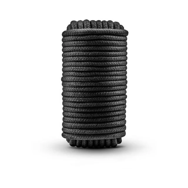 Blush Temptasia black cotton bondage rope upright compact coil showing braided rows
