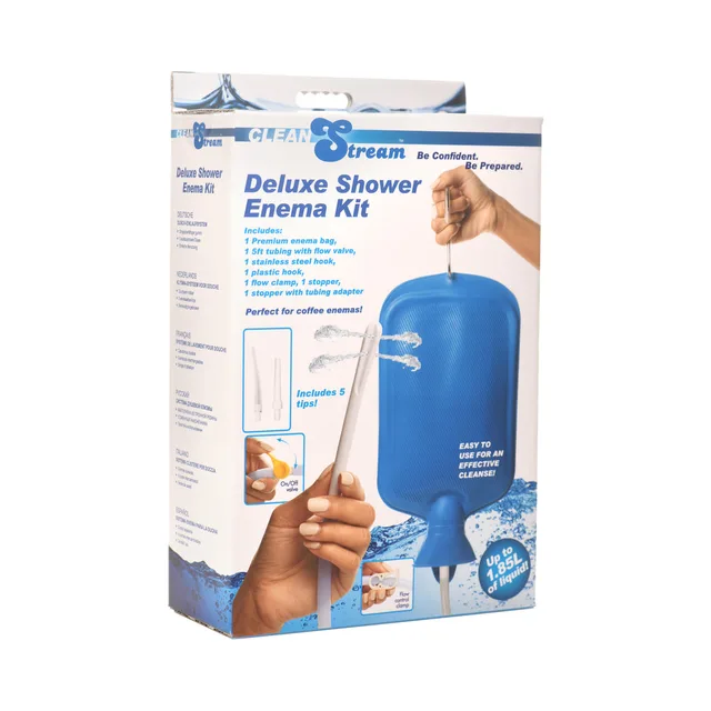 CleanStream Deluxe Shower Enema Kit box with blue bag, hose, tip diagrams and hand holding an attachment
