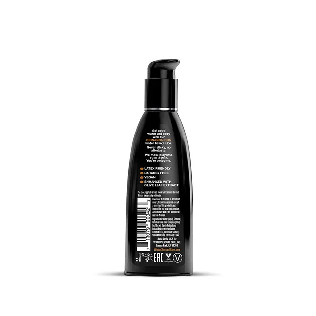 Wicked Aqua Cinnamon Bun 2 oz Lubricant slim black bottle rear with ingredients and barcode