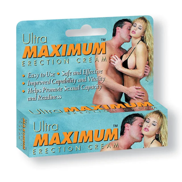 Ultra Maximum Erection Cream tube and blue illustrated retail display