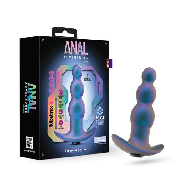 Anal Adventures Matrix Expedition Lunar Blue plug four-bead plug beside black retail box