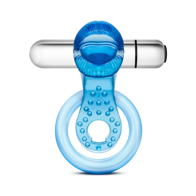 Blush Stay Hard Blue Tongue Ring front view with silver bullet inserted