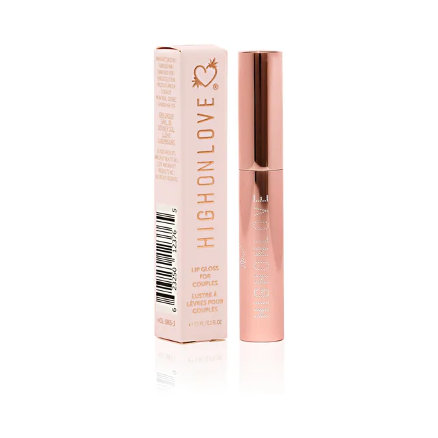 slim rose-gold HighOnLove Mini Lip Gloss tube beside pink carton