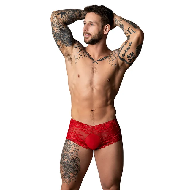 Front view of model wearing red lace Ultimate Duo mini short size XL