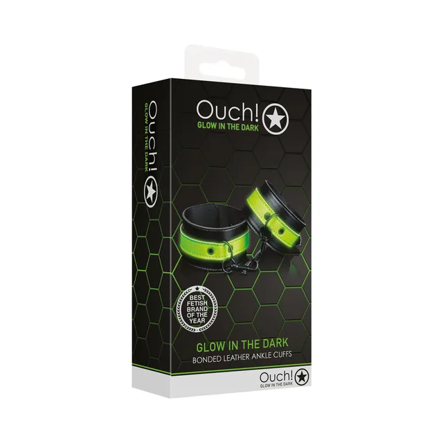 Ouch neon-green faux-leather handcuffs retail box