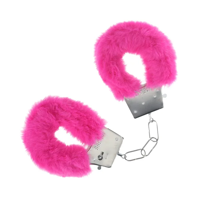 Ouch Classic hot-pink fluffy handcuffs with silver-tone locks and chain