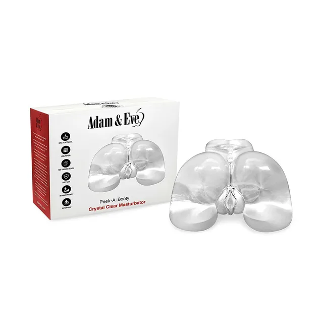 Clear Adam and Eve Peek-A-Booty form displayed beside black retail box