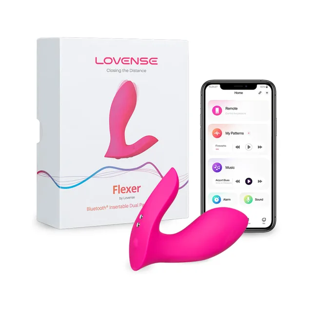 Lovense Flexer pink vibrator with retail box and phone