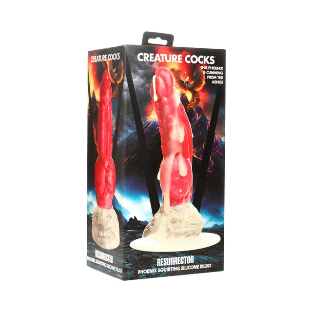 Resurrector Phoenix red flame-textured dildo with clear suction base on box