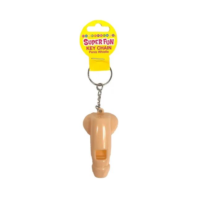 Beige penis whistle charm attached to silver keyring