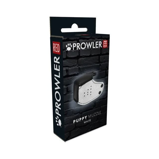 Prowler RED white neoprene Puppy Muzzle pictured on black retail box with black outline perforations and snap tabs