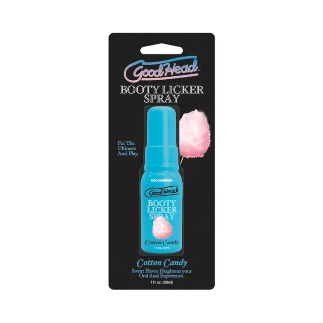 GoodHead Cotton Candy Booty Licker Spray 1 oz blue pump bottle on black cotton candy card