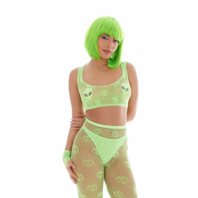waist-up view of neon green Kandihouse skull fishnet shorts and crop top