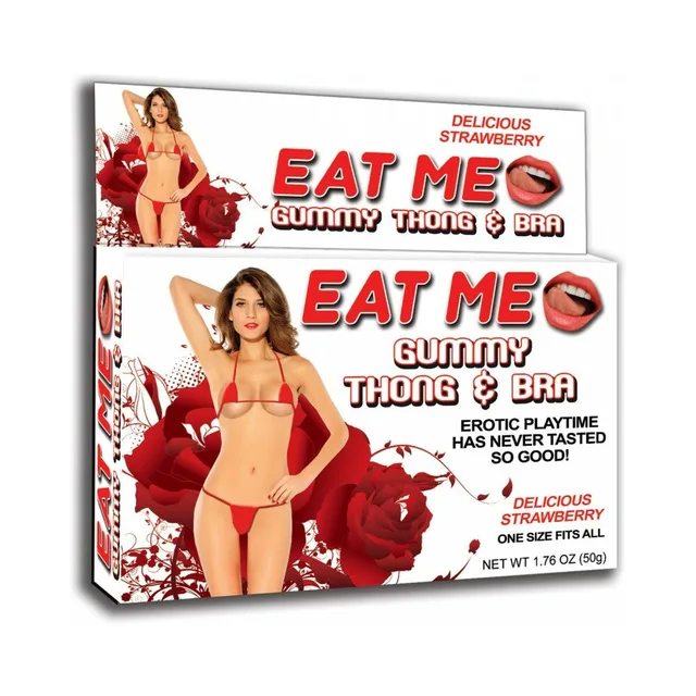 Eat Me Strawberry Gummy Thong and Bra white retail carton with red rose graphics