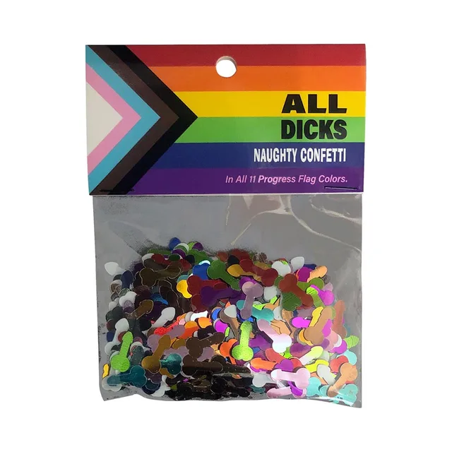bag of multicolor penis-shaped pride confetti with Progress Pride header