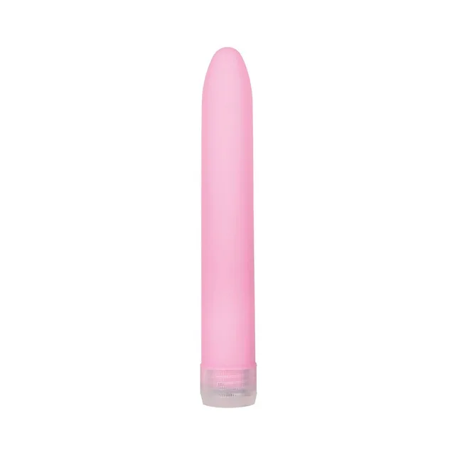 Adam & Eve Velvet Kiss pink vibrator upright front view with clear dial base