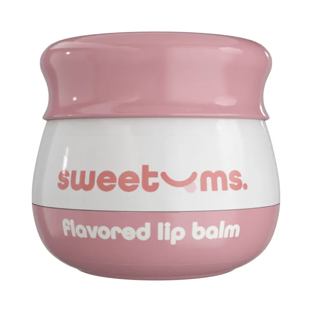 Front view of rounded Sweetums Sweet Rose Lip Balm jar with rose-pink lid