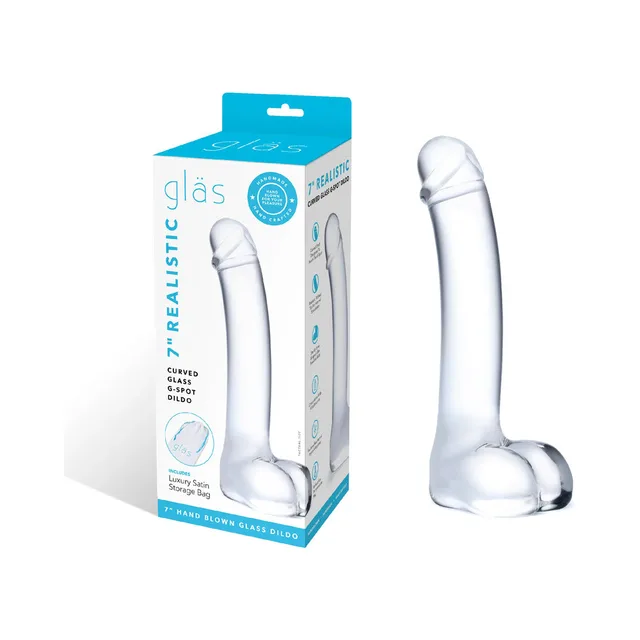 Clear curved Glas dildo beside turquoise retail box