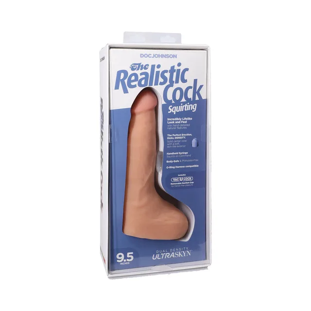 9.5-inch vanilla Realistic Cock Squirting ULTRASKYN dildo in blue window case