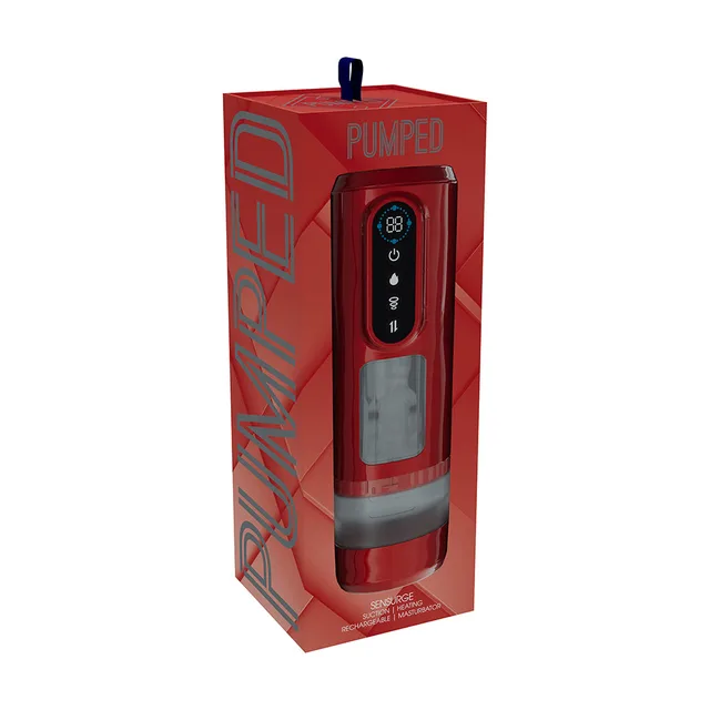 Shots PUMPED Sensurge red heated suction masturbator displayed in a clear-front red retail box